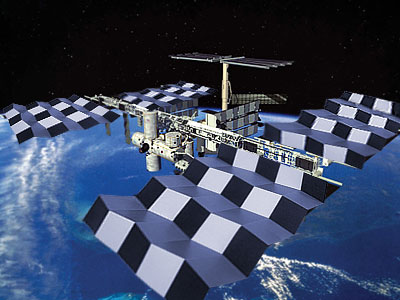 ミウラ折りを太陽電池パネルに利用した宇宙ステーション(合成写真)